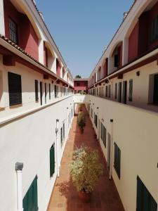 ein leerer Flur eines Gebäudes mit Topfpflanzen in der Unterkunft FUNDADORES, Isla Cristina in Isla Cristina