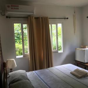 1 dormitorio con 1 cama y 2 ventanas en A&D Holiday Home en Baie Sainte Anne