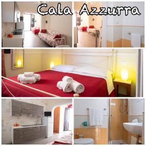 un collage di foto di una camera d'albergo con letto e bagno di Monolocale a Favignana CALA AZZURRA a Favignana