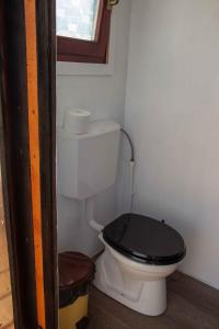 a bathroom with a toilet with a black lid at Dolina Village Glamping in Zece Hotare