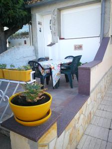 a patio with a table and chairs and a plant at Villetta da Carla in Castelló d'Empúries
