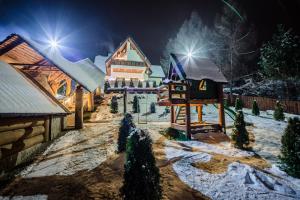 a house covered in snow at night with lights at Willa Azja SPA & Wellness in Zakopane