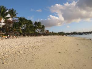 una playa de arena con palmeras y gente en ella en VILLA CANELLE en Trou aux Biches