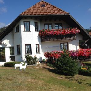 una casa con la statua di un cane davanti di Wunderschöne Ferienwohnung im Haus Schupp mit bester Aussicht a Wittenschwand