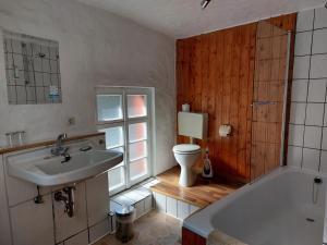 a bathroom with a sink and a tub and a toilet at ReSt Inn Monschau in Monschau