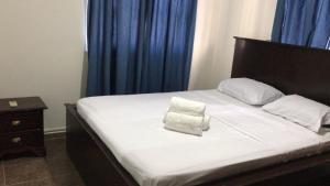 uma cama com lençóis e almofadas brancos e uma cortina azul em Apartamentos ipap luperon em Puerto de Luperon