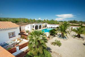 an aerial view of a house with a swimming pool and palm trees at Las Gaviotas in L'Ampolla