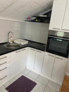 eine weiße Küche mit einer Spüle und einer Mikrowelle in der Unterkunft Apartmani Petra in Novi Sad