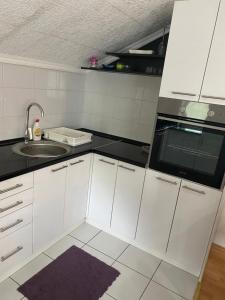 una cucina bianca con lavandino e forno a microonde di Apartmani Petra a Novi Sad