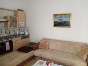 a living room with a couch and a kitchen at Gästewohnung in Halle an der Saale +1 photo