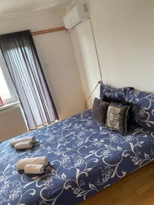 ein Schlafzimmer mit einem blauen Bett mit zwei Kissen in der Unterkunft Apartmani Petra in Novi Sad