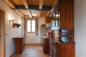 a kitchen with wooden cabinets and a counter top at Hotel & Restaurant Pahor in Doberdò del Lago