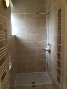 um chuveiro com uma porta de vidro na casa de banho em Tiny Acorns chambre d’hôte em Darnac