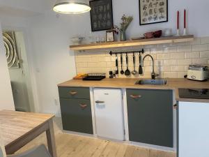 een keuken met groene en witte kasten en een wastafel bij Relitto Sommerhaus in Borkum