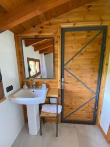 a bathroom with a sink and a wooden door at Farm SuLove in Langozaj