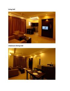 two pictures of a living room and a living room dining hall at Nagarjuna Suites in Bangalore
