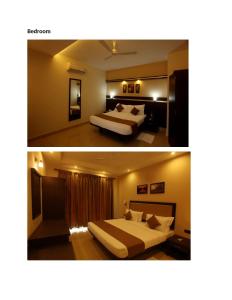 two pictures of a hotel room with two beds at Nagarjuna Suites in Bangalore