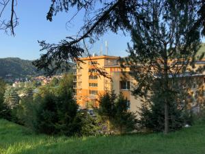 a building on a hill with trees in the foreground at KORONA Sanatorium Uzdrowiskowe in Muszyna