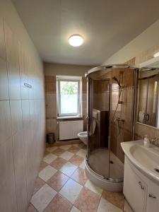グニェズノにあるKwatery prywatne Jaśminのバスルーム(シャワー、洗面台、トイレ付)