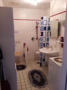 La salle de bains est pourvue d'un lavabo et de toilettes. dans l'établissement Ferienwohnung, à Halle-sur-Saale