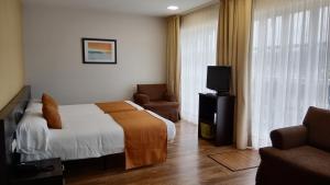 Habitación de hotel con cama y TV en Hotel Palacio de Garaña, en Garaña