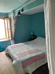 a bedroom with a bed and a blue wall at Petit paradis in Vic-Fezensac +2 photos