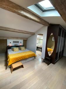 a bedroom with a large bed and a mirror at Le Loft DUPLEX, 2 Terrasses, au coeur du village in Saint-Rémy-de-Provence