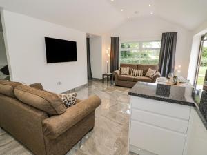 cocina y sala de estar con sofá y TV en Hollywell Cottage, en Lichfield