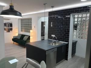Noviciado Apartment في مدريد: مطبخ مع حوض وجدار من الطوب الأسود