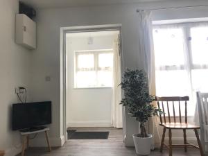 uma sala de estar com televisão e uma porta com uma planta em Cree River Cottage em Creegh
