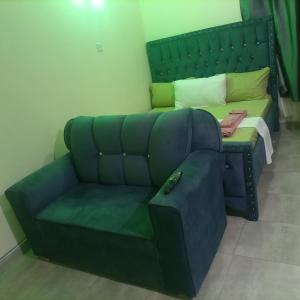 - un canapé dans une chambre avec un canapé vert dans l'établissement La Grande cosy studio apartment, à Mtwapa