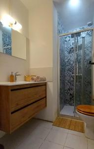 een badkamer met een douche, een wastafel en een toilet bij Maison le Sept de Céret in Céret