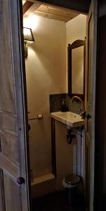 uma casa de banho com um lavatório e um espelho em À l'étape des jeunes randonneurs un adulte un enfant em Saignon