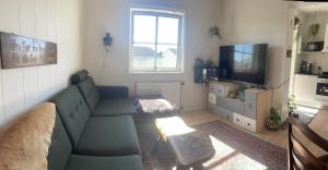 uma sala de estar com um sofá azul e uma televisão em Lake view em Aarhus