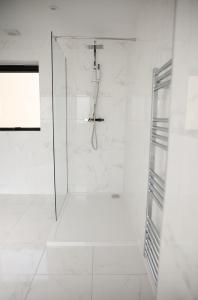 a white bathroom with a shower with a glass door at The Canal in Whatstandwell