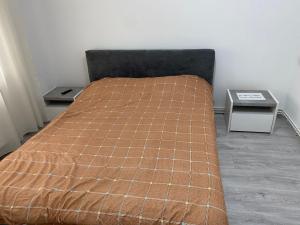 a bedroom with a bed and two night stands at Alesandru apartament in Piteşti