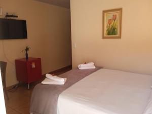 a hotel room with two beds and a tv at Pousada Delícias do Mar in Pirenópolis