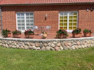 un mur de rétention avec des plantes en pot devant une maison dans l'établissement Fewo am Teich, à Laage