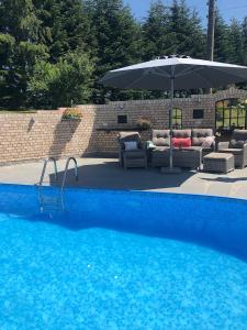 a pool with chairs and an umbrella next to a patio at Fewo am Teich in Laage