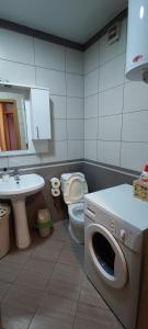 a bathroom with a washing machine and a toilet at Fushe Kosove Apartments in Pristina