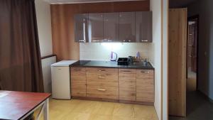 a kitchen with wooden cabinets and a sink and a refrigerator at Mala Narnia in Frymburk