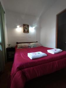 1 dormitorio con 1 cama roja y 2 toallas en HOSTAL TILIAN en Salta