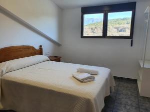 ein Schlafzimmer mit einem Bett mit zwei Handtüchern darauf in der Unterkunft Hostal Apolo XI in Aínsa