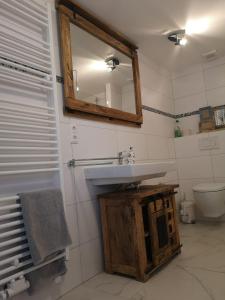 La salle de bains est pourvue d'un lavabo, d'un miroir et de toilettes. dans l'établissement gemütliches Sandsteinhaus, à Buergstadt