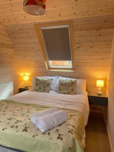 a bedroom with a bed with two lamps and a flat screen tv at Hedgehog Glamping Pod School House Farm in Leighton
