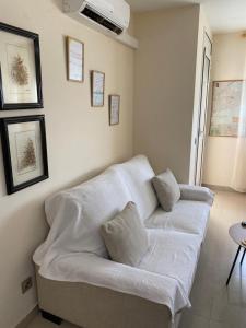 uma sala de estar com um sofá branco com almofadas em El Nostre em Deltebre