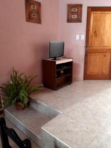 a living room with a tv and a wooden door at POSADA DE KARMEL in Maipú