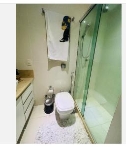 uma casa de banho com um WC e uma cabina de duche em vidro. em Apartamento leblon no Rio de Janeiro