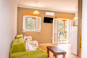 a living room with a green chair and a table at Apagio Apartments in Mikros Gialos