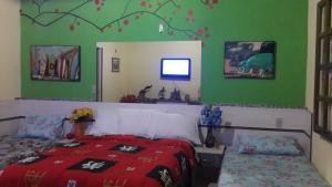 Un dormitorio con una cama y una pared verde. en Chacara Santa Barbara, en Manaus 37 fotos más